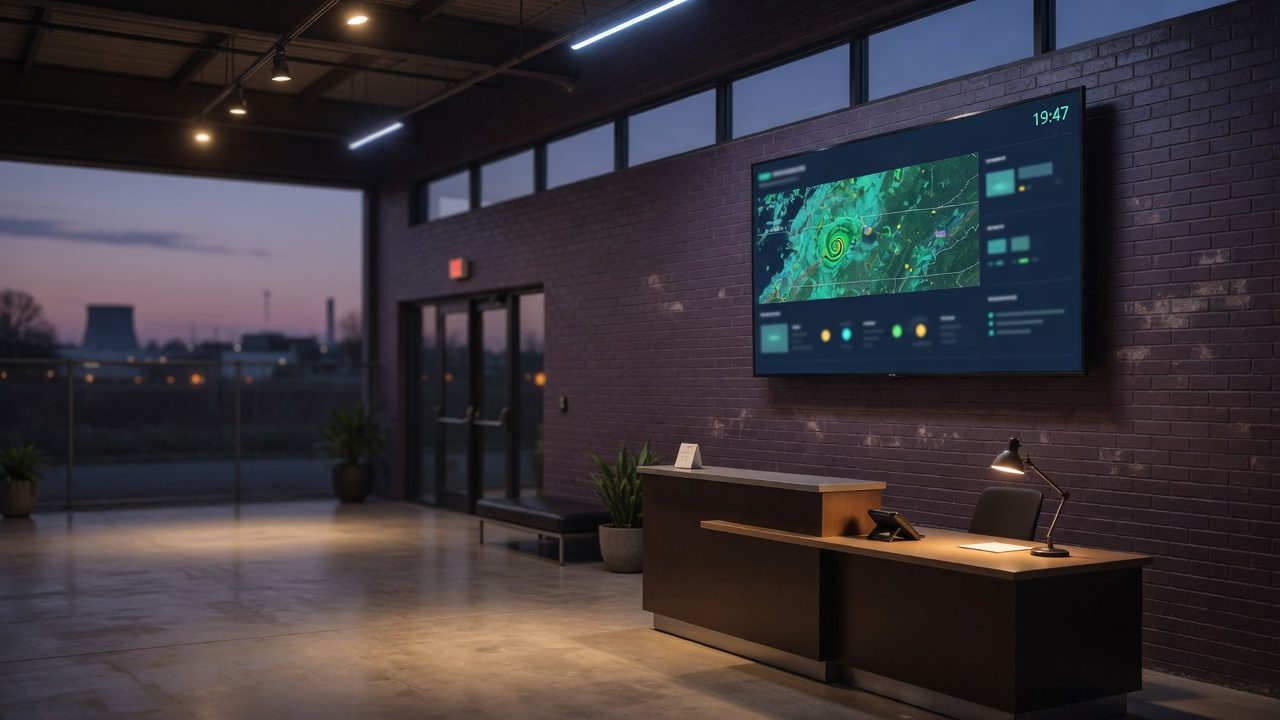 Plant lobby with a wall-mounted operations display